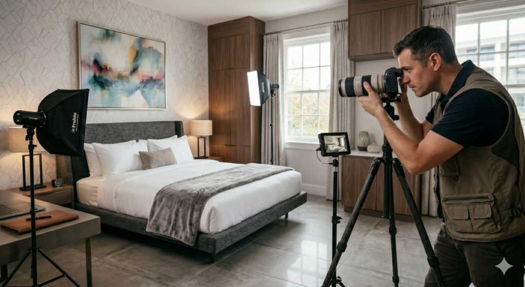 Photographe dans une chambre d'hôtel