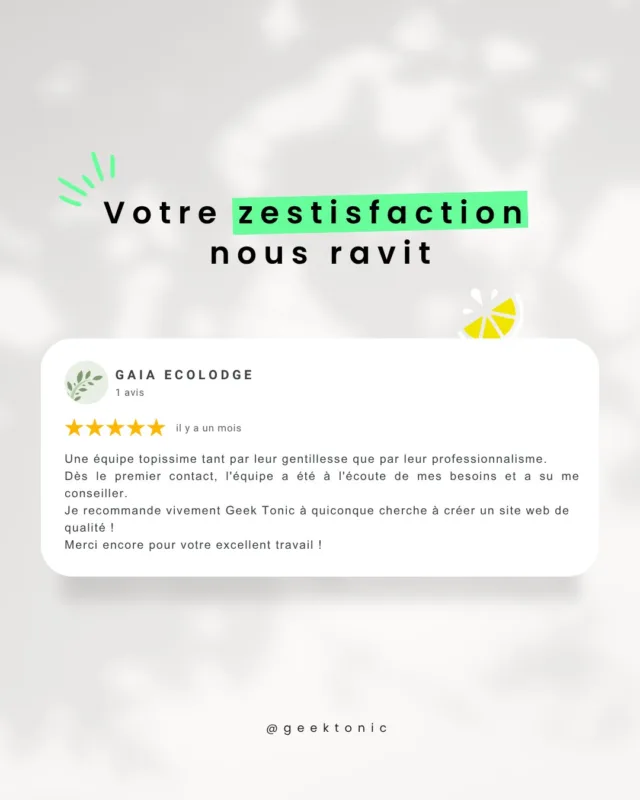 Un grand merci à Gaïa Écolodge pour ce retour plein de gentillesse 💛

C’est pour ce genre de collaboration que l’on fait ce métier avec passion chaque jour !
Merci à toute l’équipe de Gaïa Écolodge pour leur confiance 🌿

#AvisClient #Zestisfaction #TeamGeekTonic