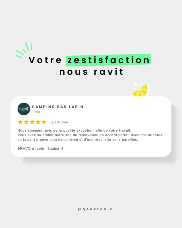 Un grand merci au Camping Bas Larin pour ce super retour 🙌

Un site de réservation clair, rapide, efficace, en phase avec leurs attentes… c’était notre mission, et on est ravi·es de l’avoir remplie à 100% !

Bravo à toute la team et merci à nos clients pour leur confiance 🍋