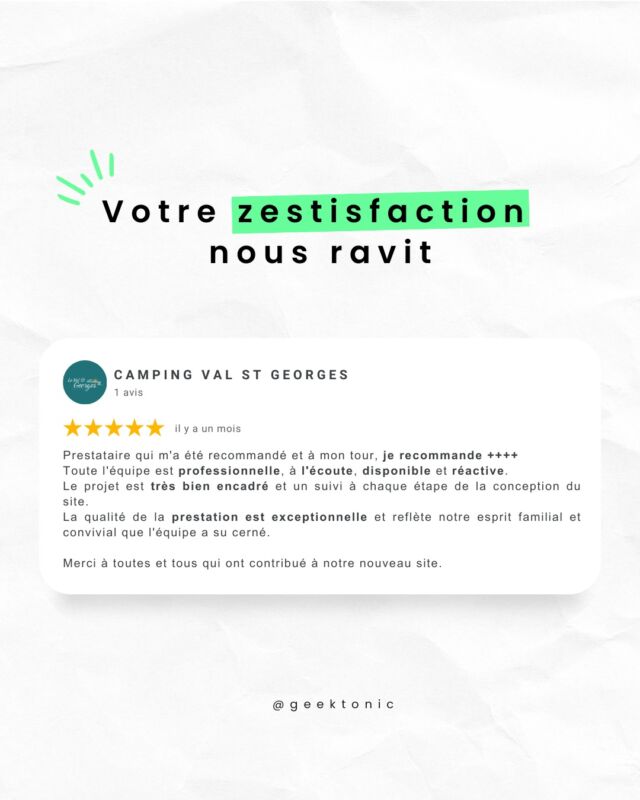 Merci au Camping Val St Georges pour leur confiance 🌟

Toute l'équipe est ravie d'avoir travaillé sur ce projet !

Vous avez un projet en tête ? Nous sommes là pour vous accompagner à chaque étape🍋

#ProjetWeb #GeekTonic